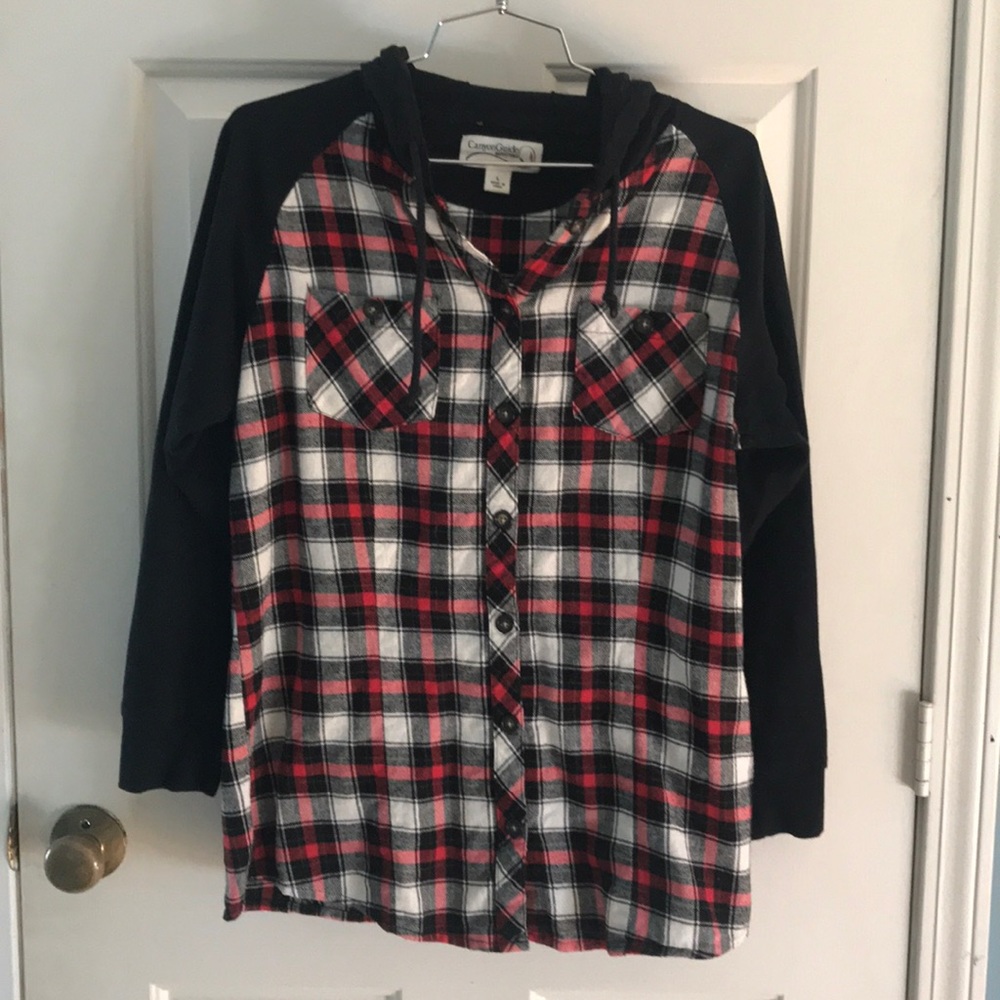 Hooded flannel shirt black/ red size large